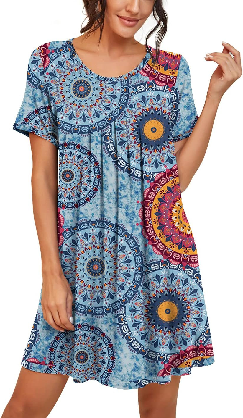 Nightgowns for Women Short Sleeve Night Gowns Pleated Sleep Shirt Ladies Nightshirt Soft Sleepwear
